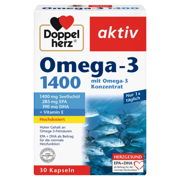 Illustration of the product packaging Doppelherz aktiv Omega-3 1400 mg front view